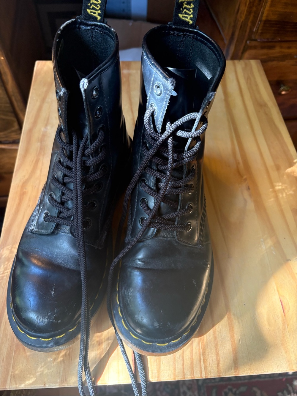 Dr. Martens Black Leather 8-Eye Lace-Up Boots with Yellow Stitching